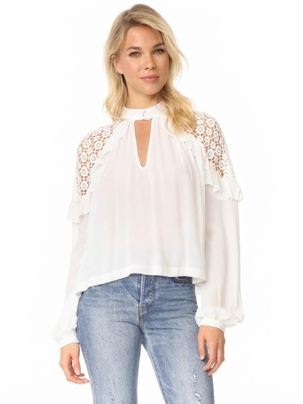 Free People Sz M Little Bit Of Love White Boho Peasant Blouse